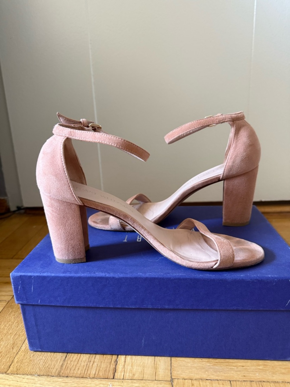 Stuart Weitzman Blush Pink Suede Block Heel Sandals with Ankle Strap